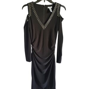 Cache Women's Black Rhinestone Cold Shoulder V-Neck Ruched Bodycon Party Dress 4